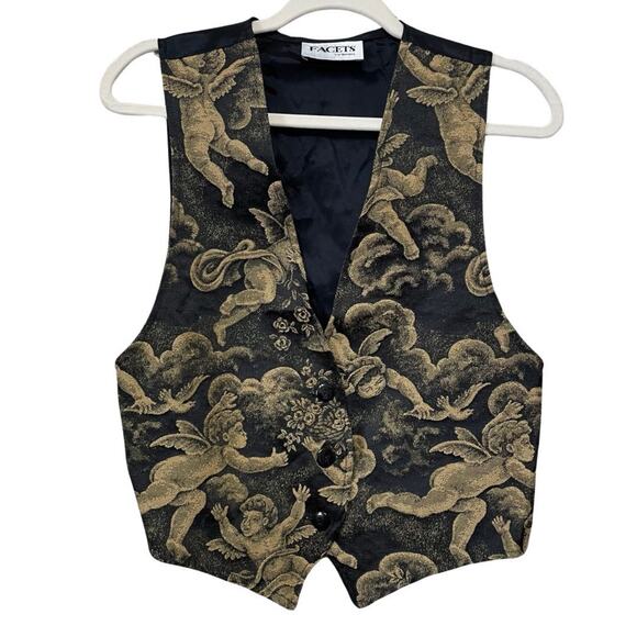 Mirrors Tops - Facets by Mirrors Vintage Tapestry Vest Women M Black Cherubs Angels Satin Back